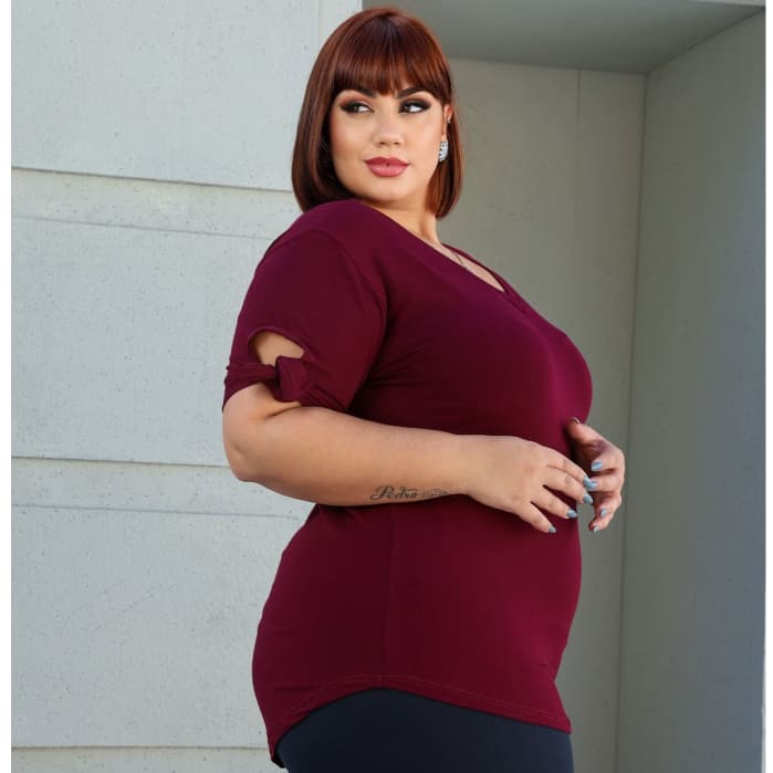 Blusa Plus Size Elegante Casual Lacinho Manga Curta Solta