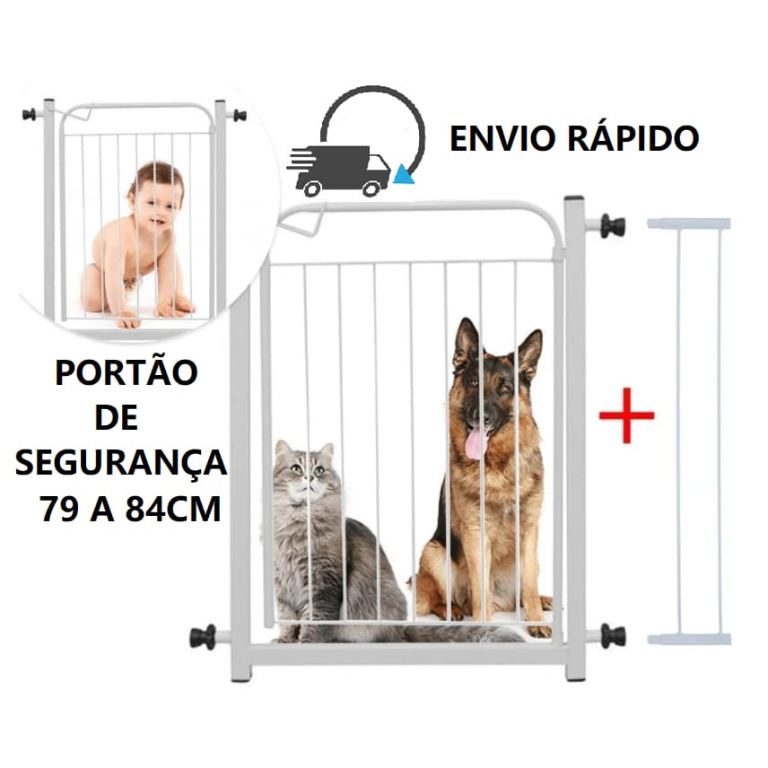Portão Grade Proteção 69 à 74cm Criança Bebe Cão + Extensor 10cm Branco