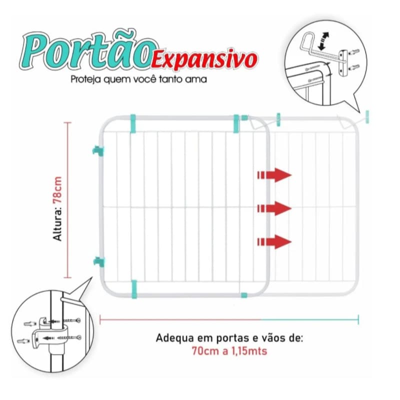 Grade Proteção Portão Criança Cão Pet Bebe Expansivo 70 A 115 cm
