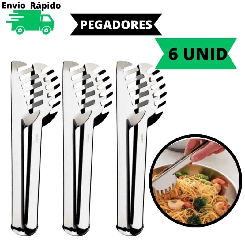 Kit 6 Pegadores 20 cm Pegador De Massa 100% Aço Inox Para Cozinha Restaurante Buffet Pousada Hoteis Churrasco Jogo Resistente Qualidade Presente Chá De Cozinha Casamento