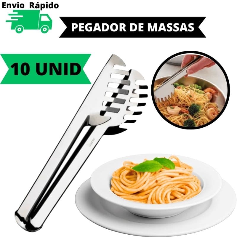 10 Pegadores De Massa 20 cm Pegador Multiuso 100% Aço Inox Para Cozinha Restaurante Buffet Pousada Hoteis Churrasco Jogo Resistente Qualidade Presente Chá De Cozinha Casamento