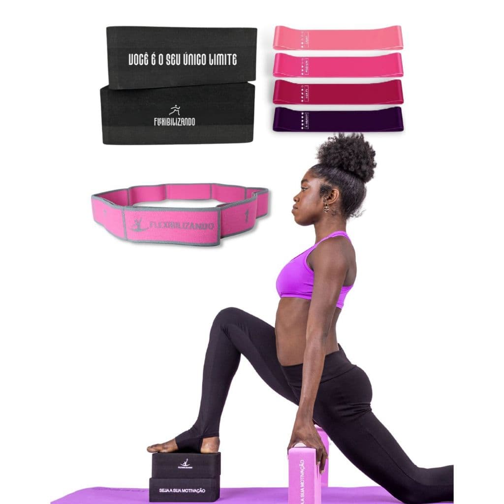 Kit para treino de flexibilidade, com par de bloquinhos, elástico multinivel e kit de mini band - Flexibilizando