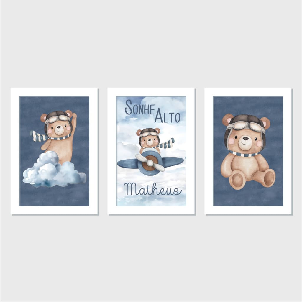 Kit Quadros Decorativos 3 Peças Trio Urso Pelúcia Céu Nuvem Avião  Personalizado Nome Frase Quarto