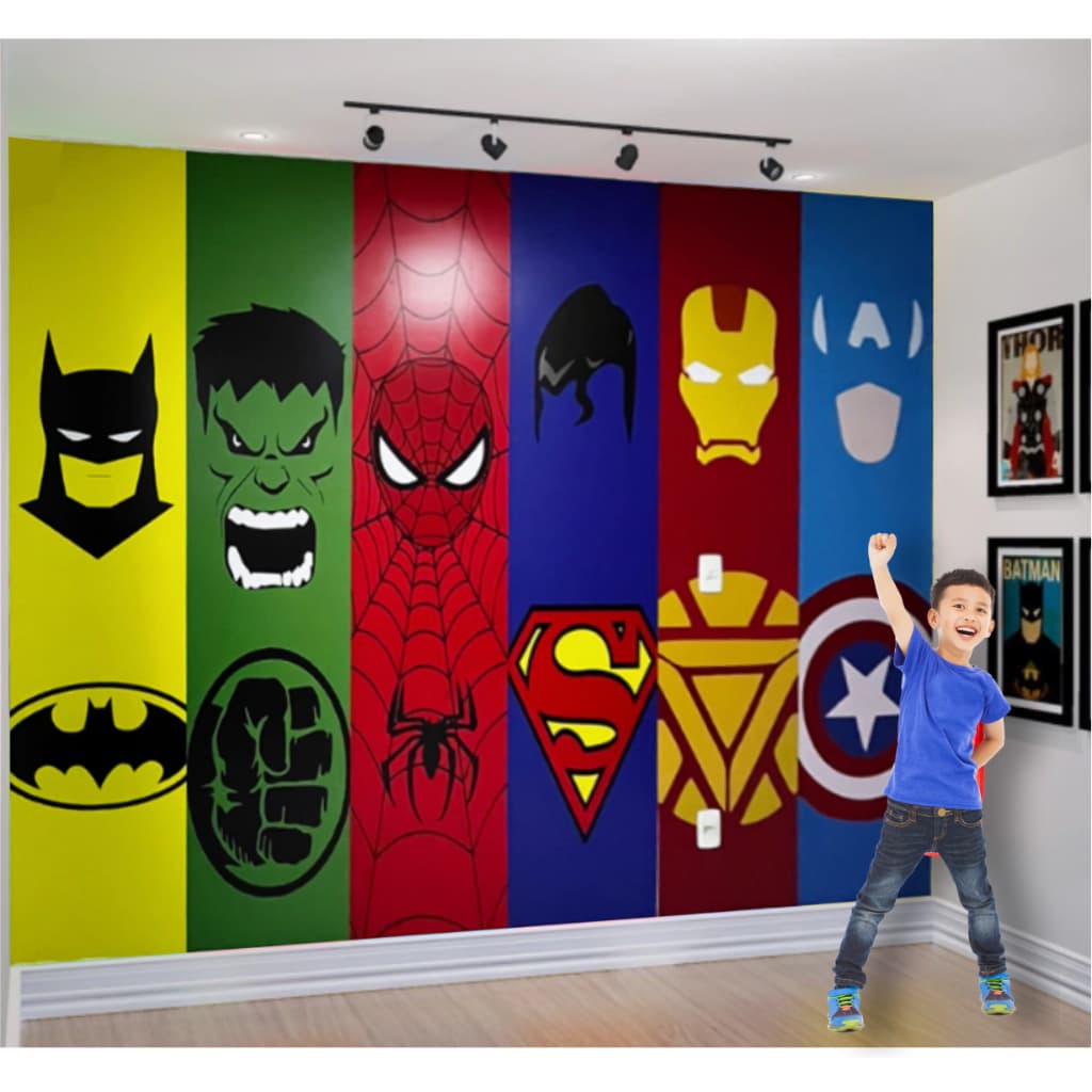 Papel de Parede Tema Super Heróis Star Color Quarto Infantil de Meninos 6 Personagens