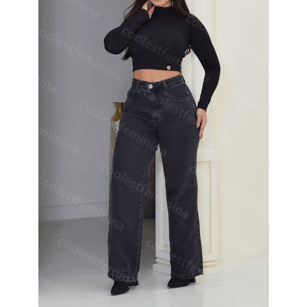 Coolestfeminina 8116 Calça jeans feminina  pantalona wide leg calca  Cintura Alta Pantalona Tecido Grosso 100% Jeans