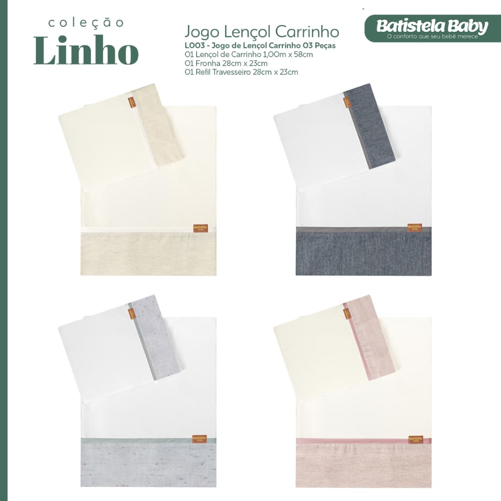 Jogo De Lençol 3 Peças Para Carrinho de Bebê Linho 100% Algodão Menino Menina Batistela Baby
