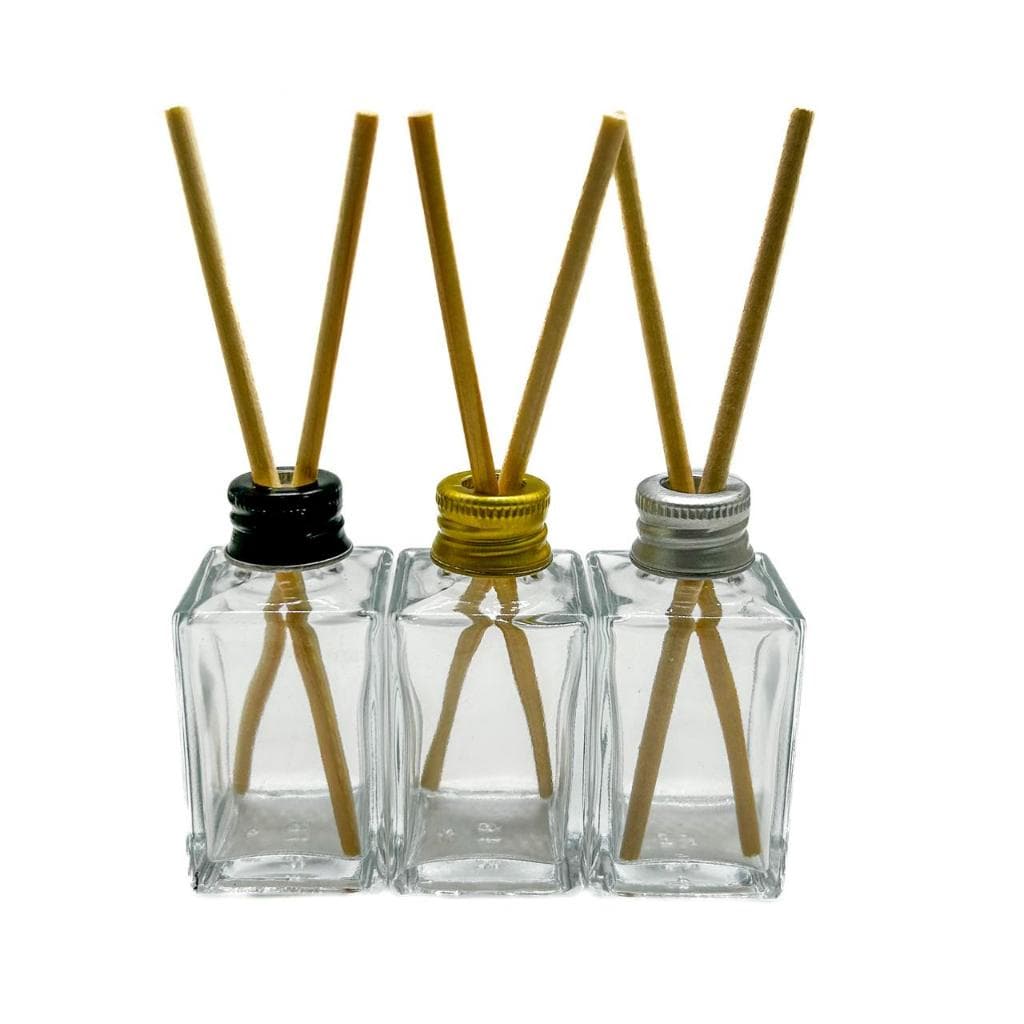Kit 30 Frascos de Vidro 30ML Retangular Com Tampa Difusora e 60 Varetas de Madeira Difusoras de Aromas