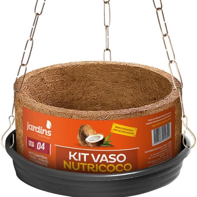 Vaso Fibra Coco Orquidea Nº4 Com Prato E Corrente 01 Kit Pendurar Xaxim Samambaia Flores Bromelias