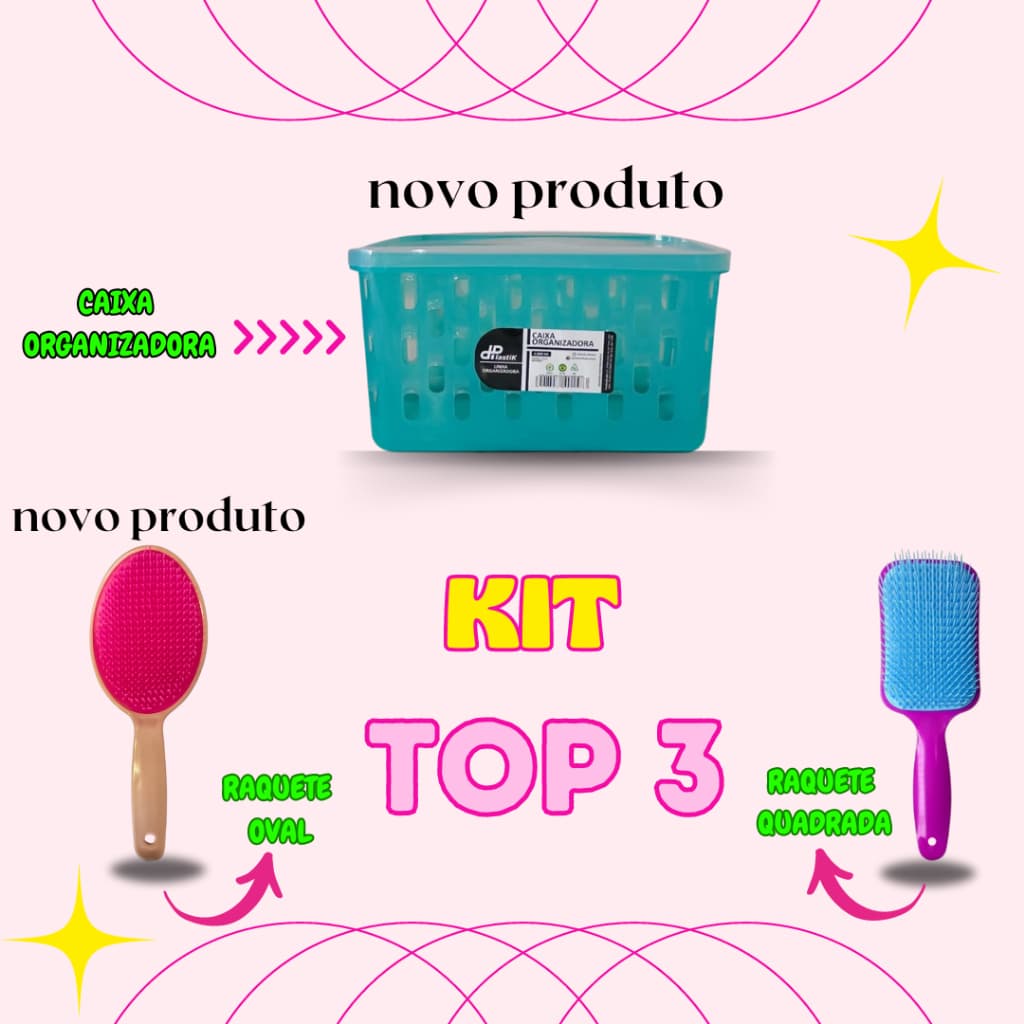 KIT TOP 3 = CAIXA ORGANIZADORA + RAQUETE OVAL + RAQUETE QUADRADA