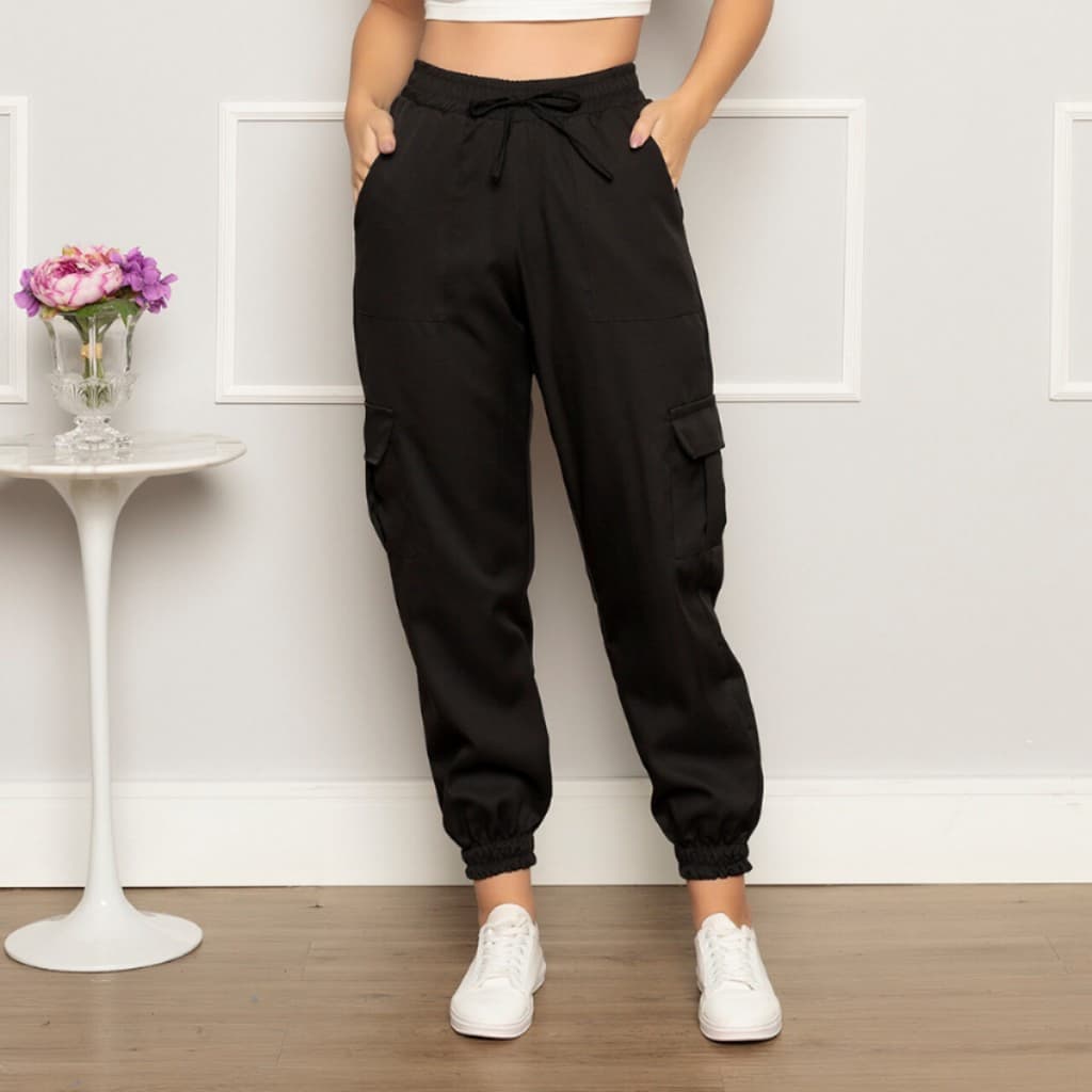 Calça Cargo Feminina Jogger Alfaiataria Casual Com Bolso Elástico Moda Conforto e Estilo