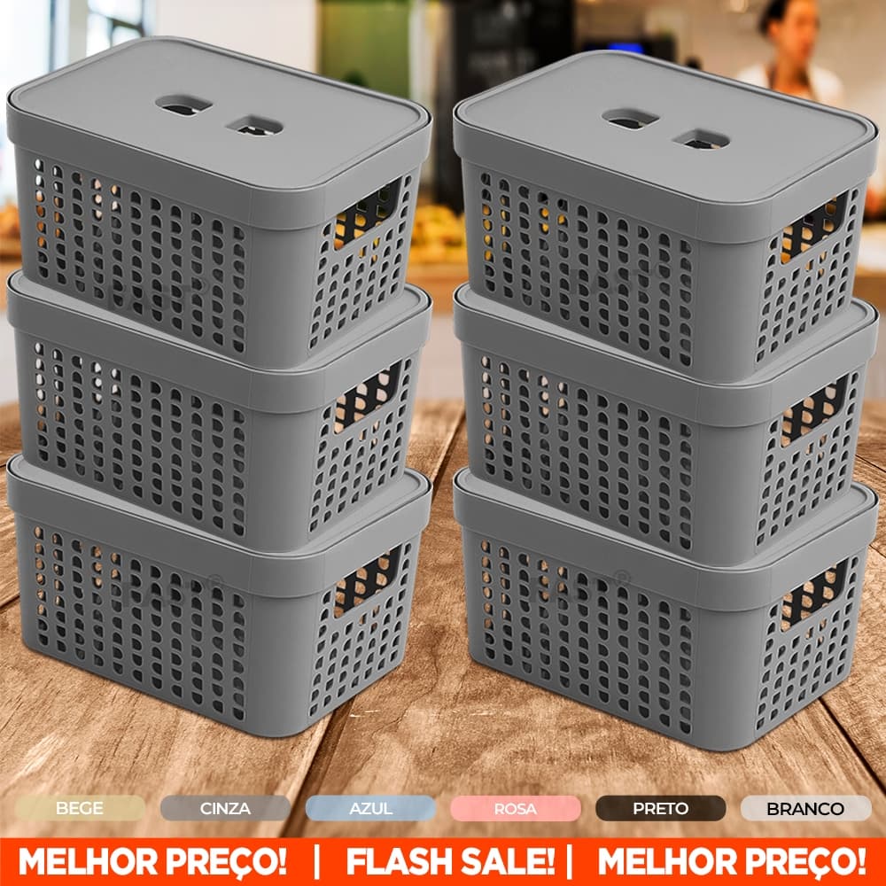 Kit 6 Cesto Organizador Rattan Retangular 2L Caixa C/ Tampa Plástico Resistente Organiza Gaveta Armário Porta Objetos