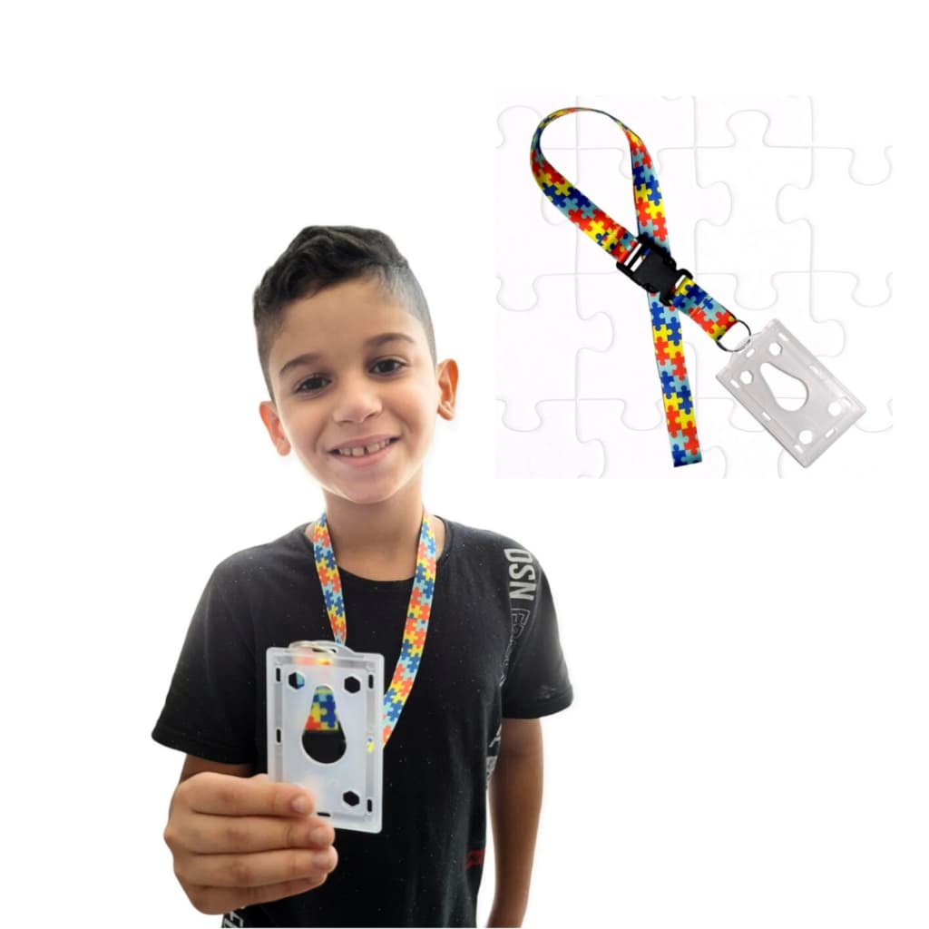 Kit Cordão Pescoço quebra cabeça Fecho Engate Autista Autismo + Porta Crachá Maleável Unisex
