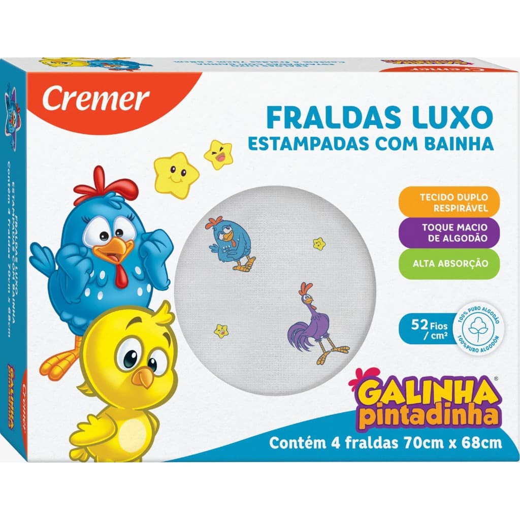 Fralda Pano de Boca Toalhinha Babete Luxo com Bainha - Galinha Pintadinha Cremer 4 Unidades