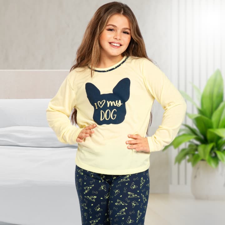 Pijama feminino infantil inverno conjunto de calça e blusa de manga para menina de Frio Cachorro POP