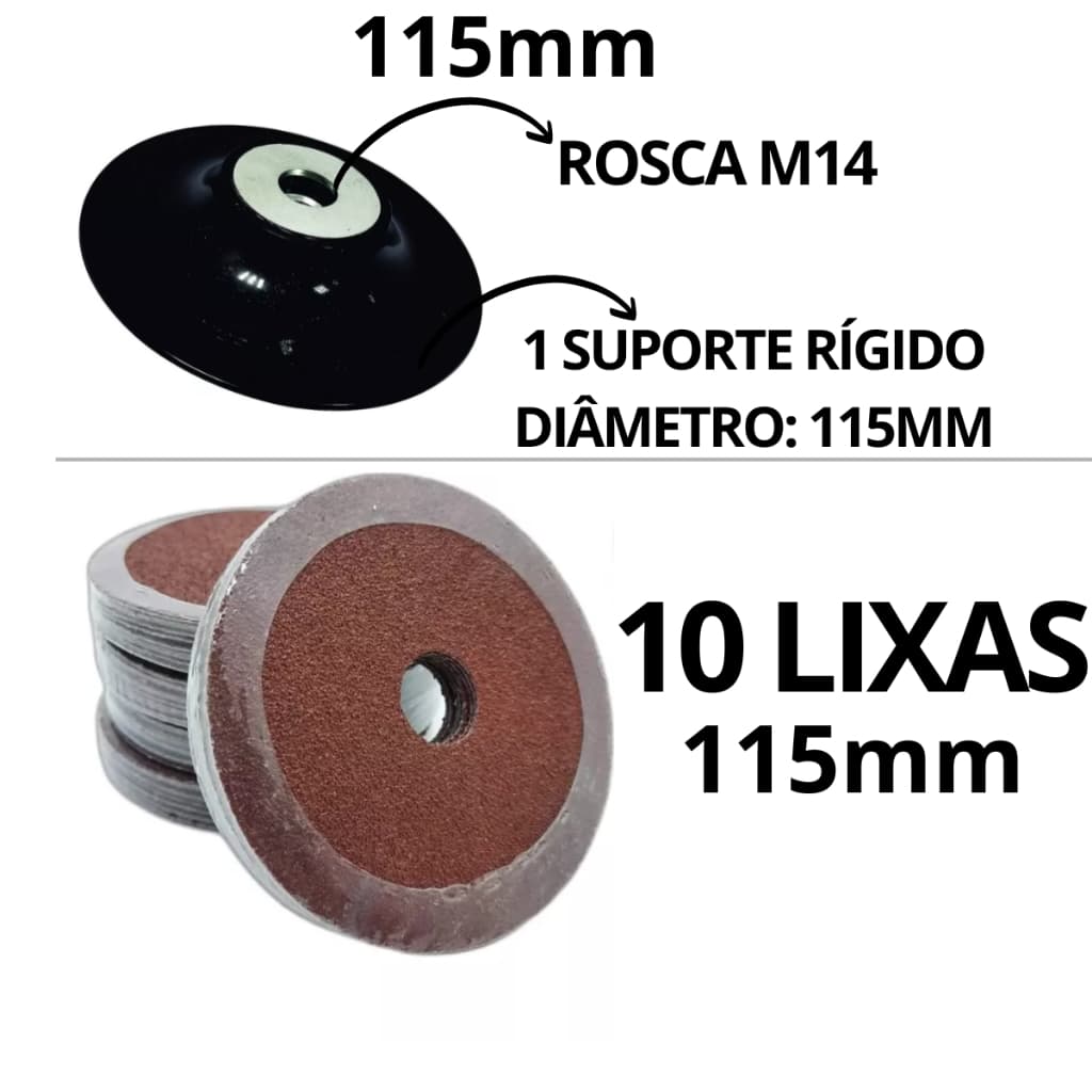 10 Disco Lixa 115mm + Suporte 115mm Rígido P/ Ferro Madeira