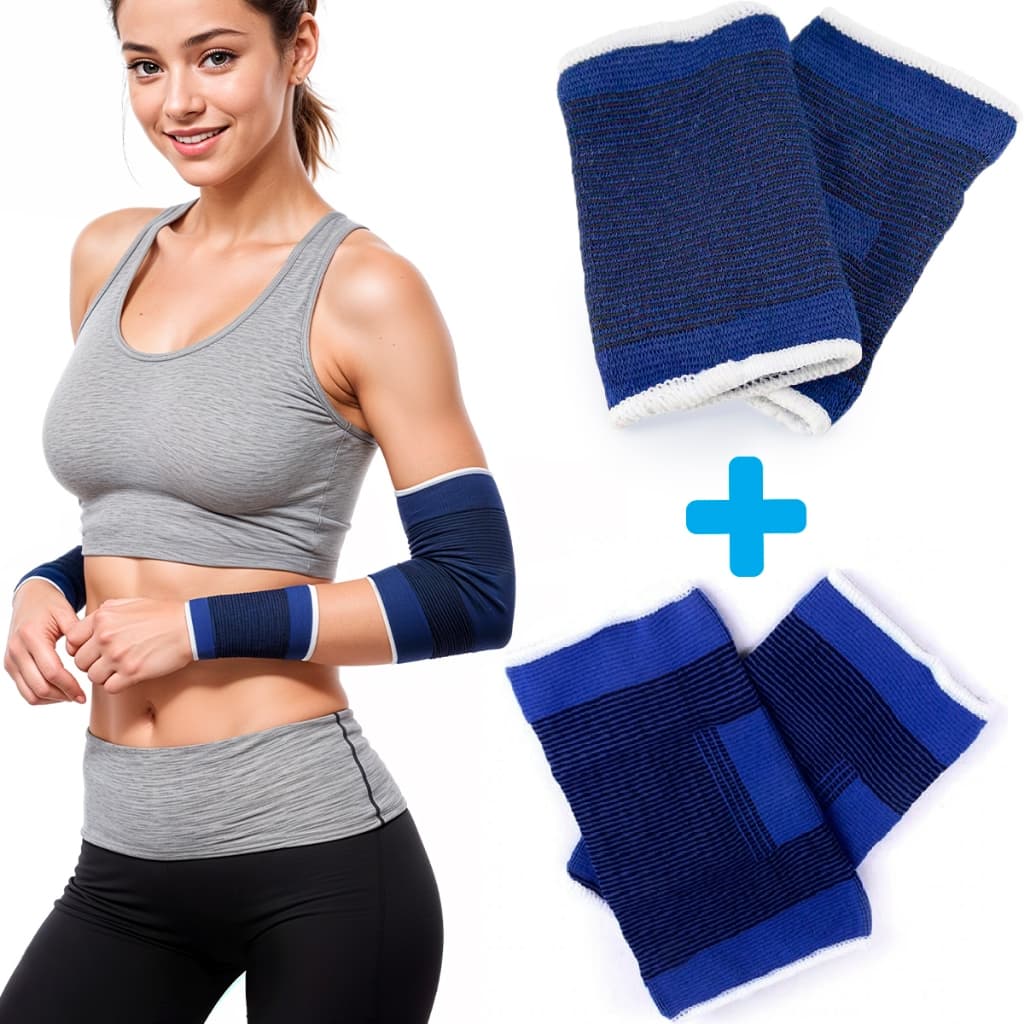 Kit 2 Munhequeira + 2 Cotoveleira Elástica Compressão Ortopédica Suporte Pulso Punho Cotovelo Dor
