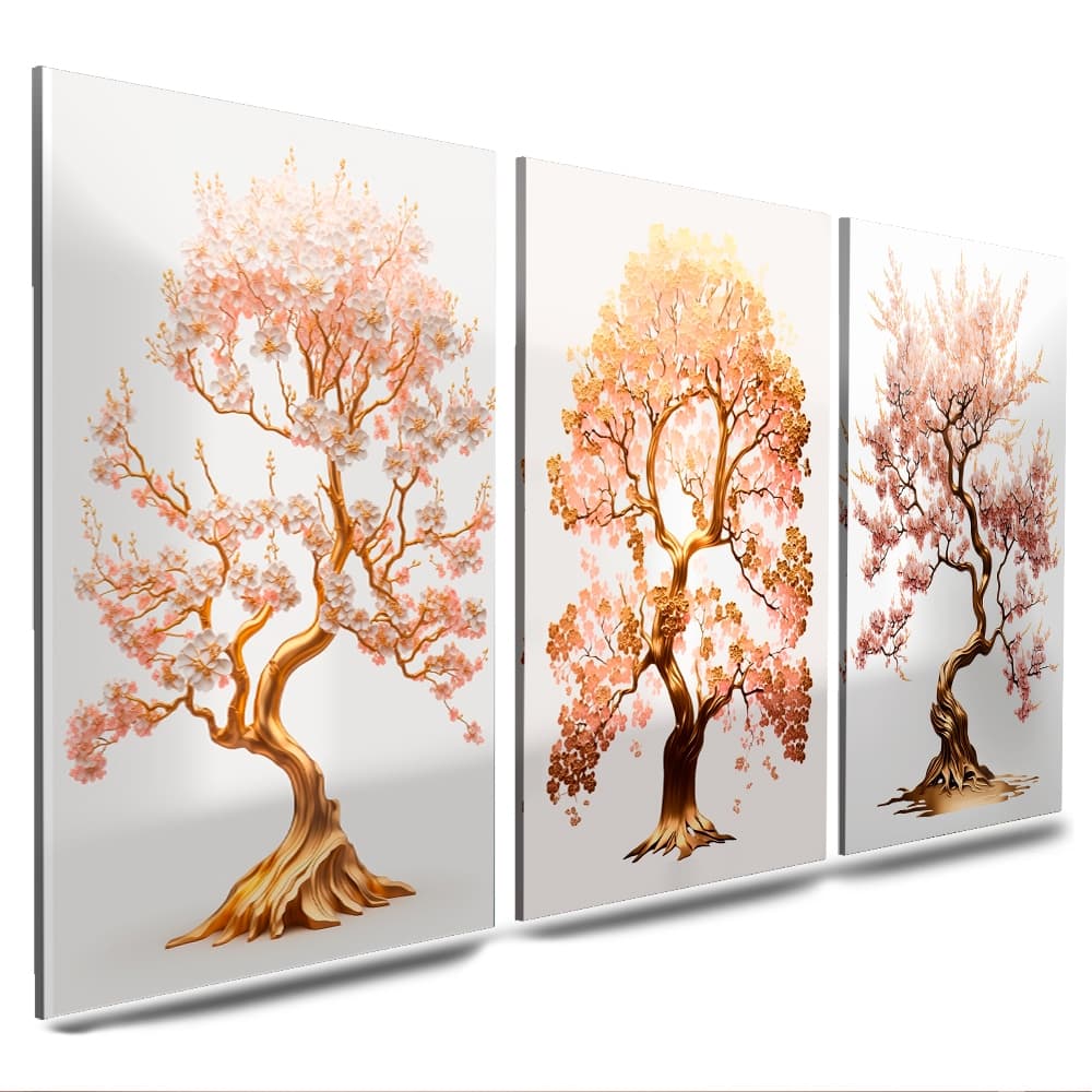 kit quadros decorativos arvores da vida ipe cerejeiras cores delicadas 3 peças para sala