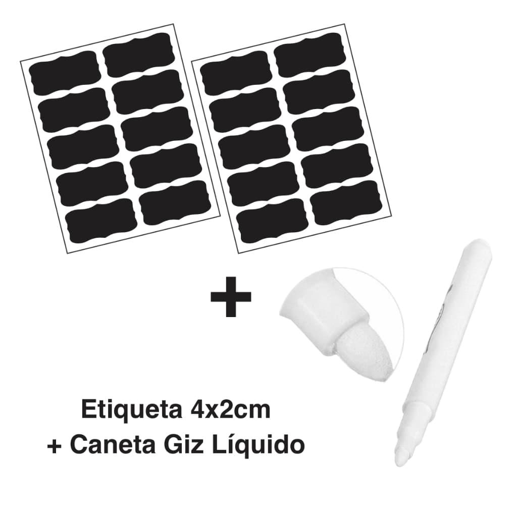 Kit 20, 40 ou 60 Etiquetas Adesivas Lousa em Vinil Preta + Caneta Giz 4x2cm