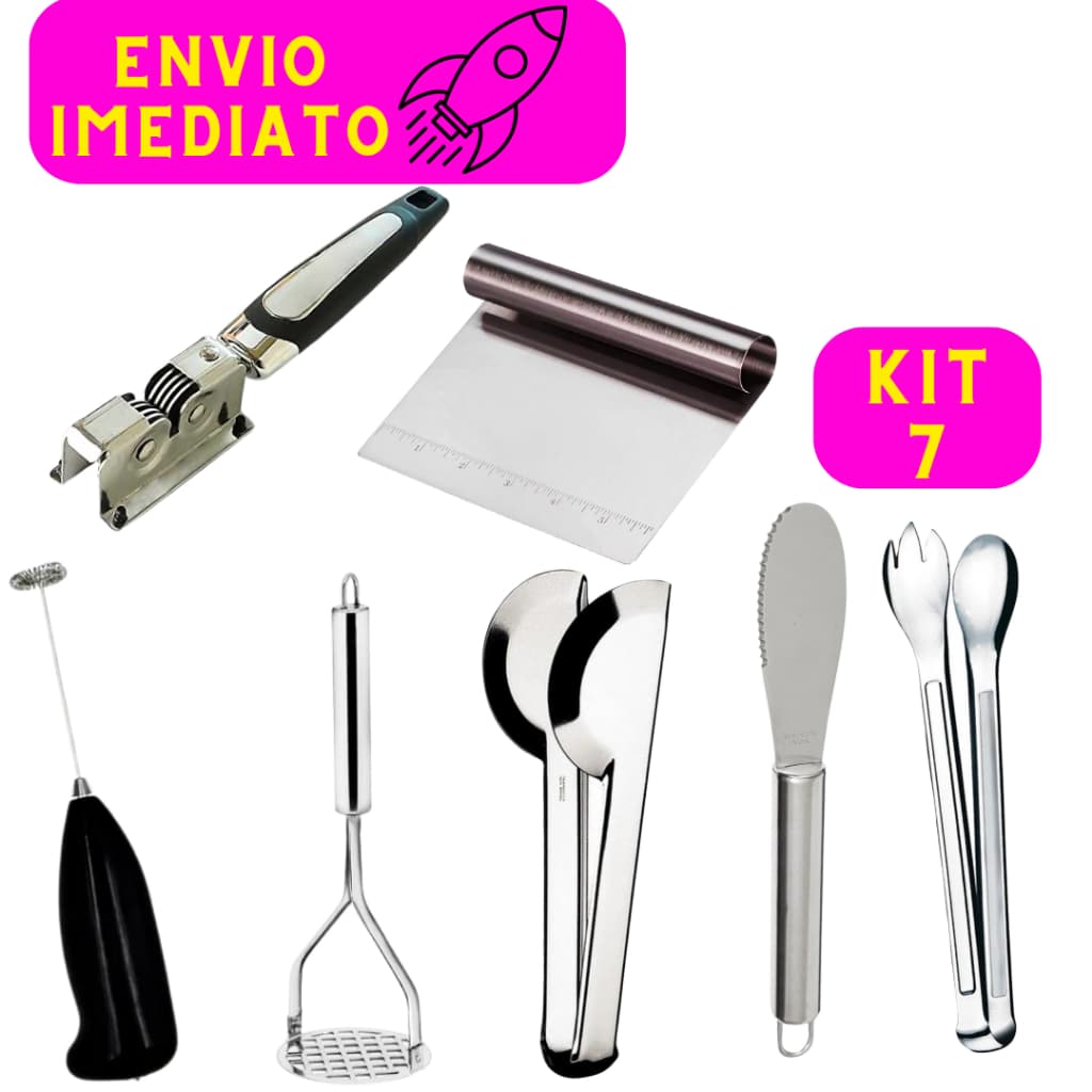 Kit 7 Utensílios de Cozinha Inox Espátula Concha Escumadeira Colher Amolador Mixer Amassador Batata