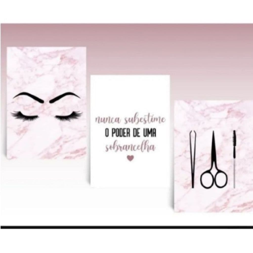 Kit Quadros Decorativos Mosaico 3 Peças Trio Maquiagem Frase Salão de Beleza Design Sobrancelha Rosa