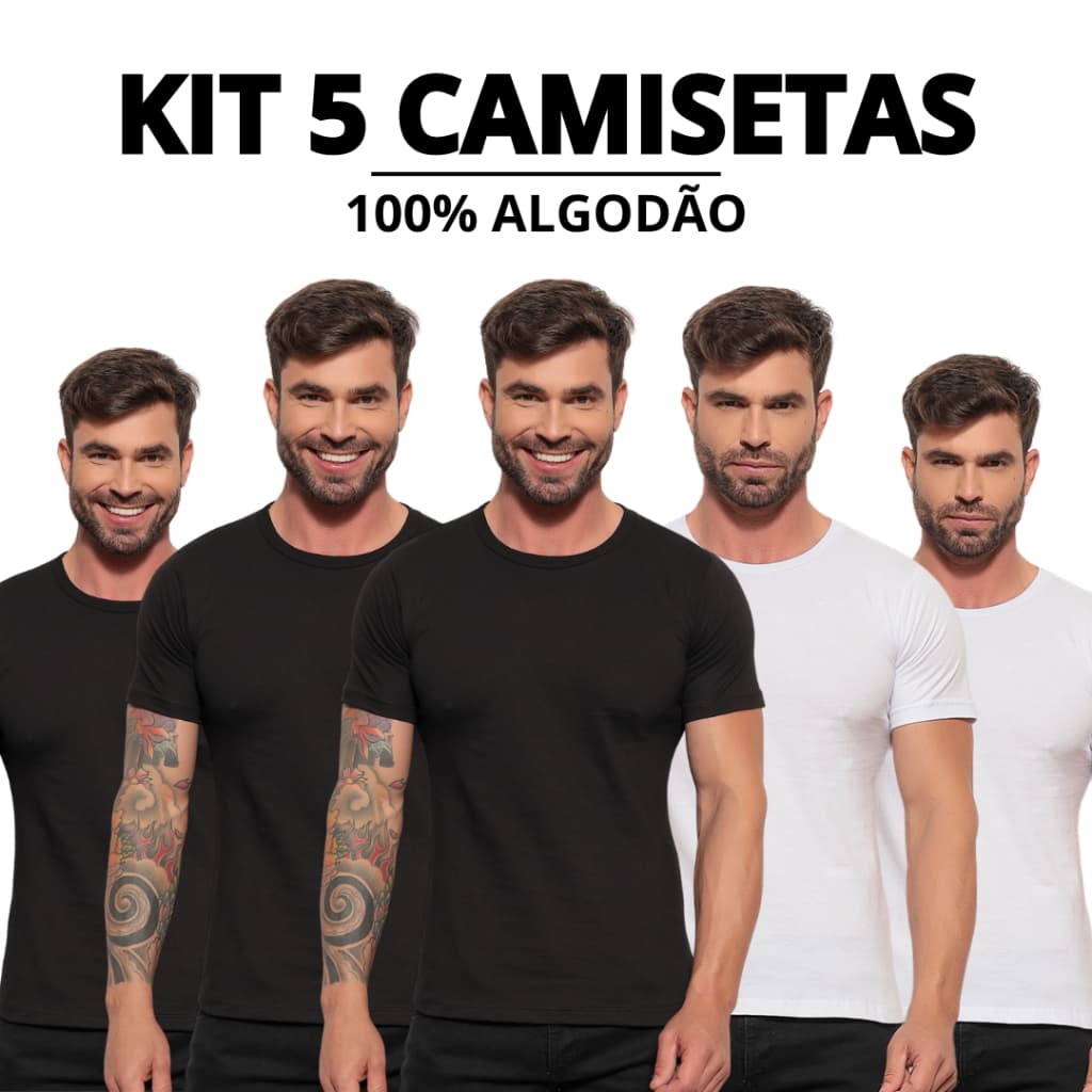 Kit 5 Camisetas Básicas Masculina 100% Algodão Reforço Ombro a Ombro Modelagem Moderna Casual Lisa