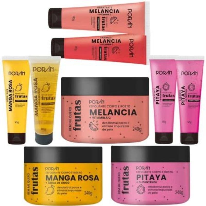 kit Completo Frutas Porán Sabonete+Hidratante+Esfoliante Corpo e Rosto