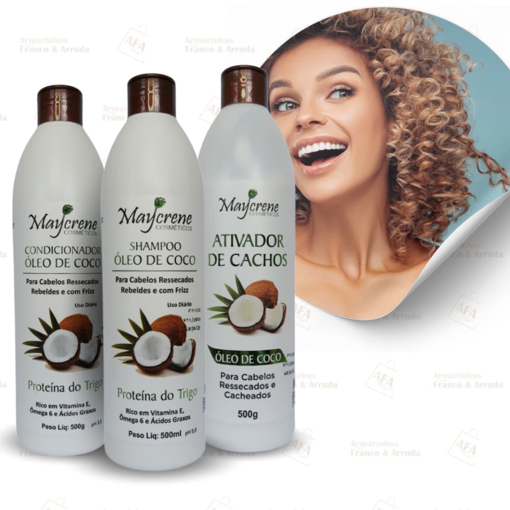 Kit Óleo de Coco Cabelos Cacheados Shampoo, Condicionador e Ativador de Cachos - 3 PRODUTOS Maycrene