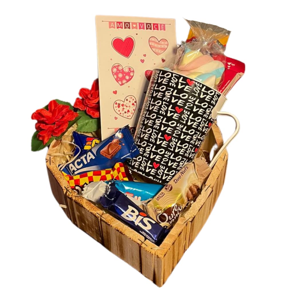 Cesta Coração Caneca Namorados Presente Amor Carinhos Doces