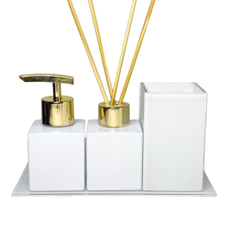 Kit Lavabo Branco com Porta Escova - Vidros P/Difusor e Porta Sabonete para Banheiro