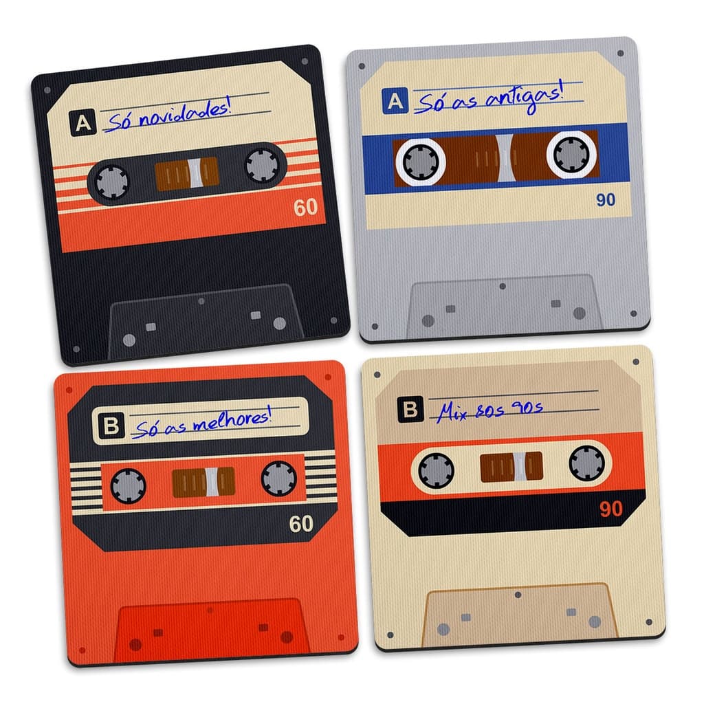 Jogo de Porta Copos Fita Cassete K7 Retrô Vintage - 4 peças