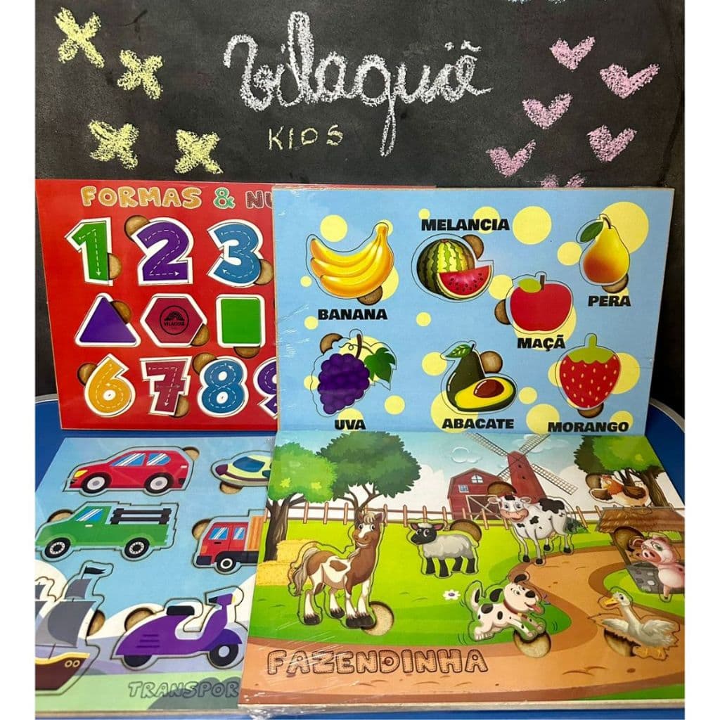 Brinquedo Pedagógico Quebra Cabeça Encaixes Frutas Meios de Transportes Fazendinha Legumes Mdf Jogo