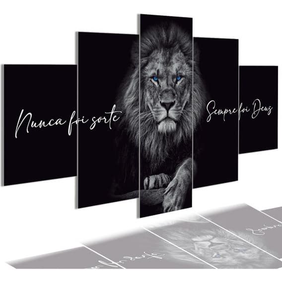 Kit Quadro Decorativo Mosaico Leão Judá Olhos Azuis Frase Nunca Foi Sorte Sempre Deus Salmo Jesus
