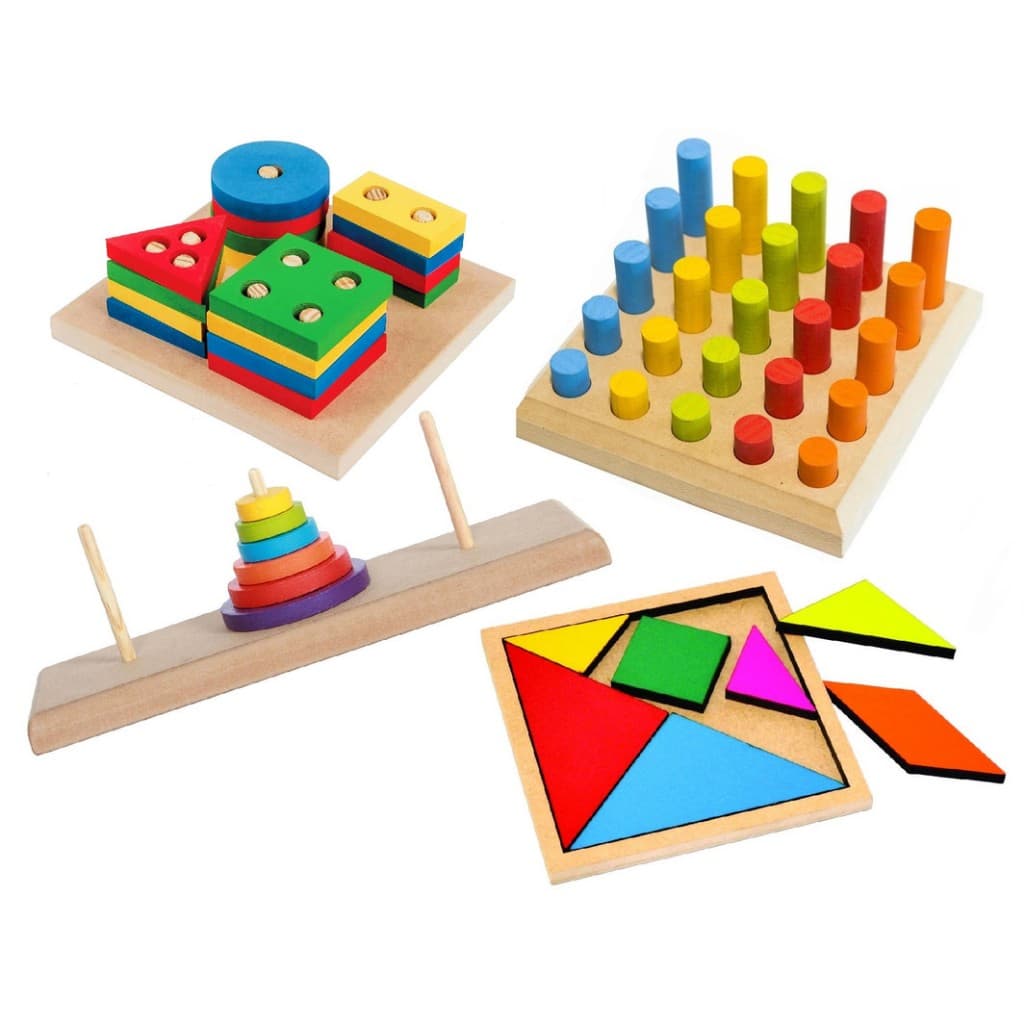 Kit 4x Brinquedos TORRE DE HANÓI + PINOS DE ENCAIXE + TANGRAM + FORMAS GEOMÉTRICAS Brinquedo Educativo Montessori Infantil