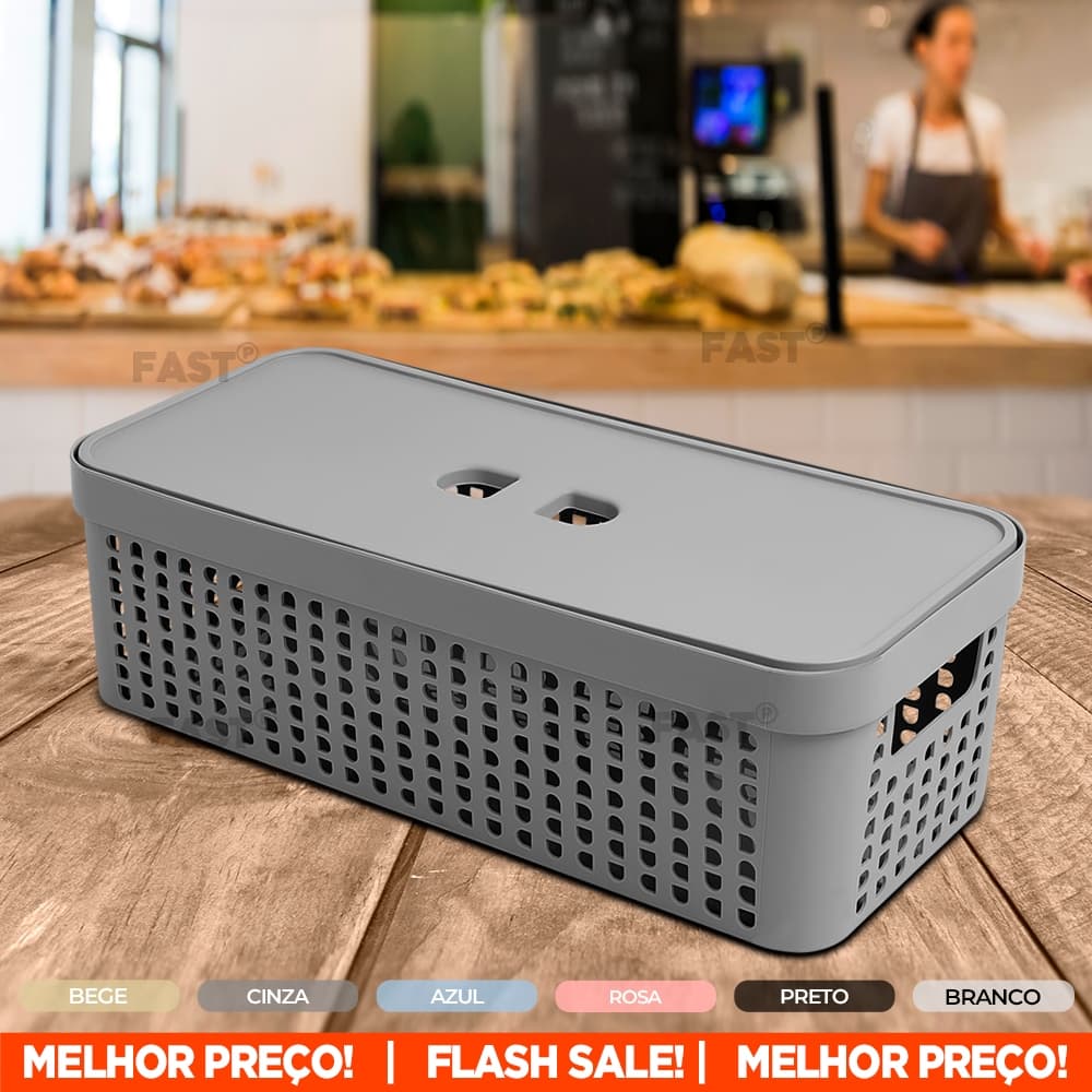 Cesto Organizador Rattan Retangular 3,6L Caixa C/ Tampa Plástico Resistente Organiza Gaveta Armário Cozinha Escritório
