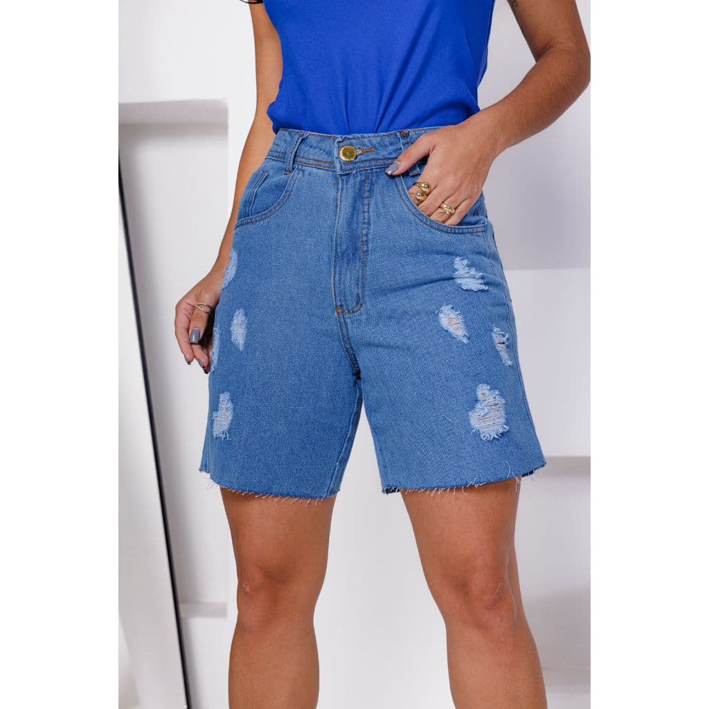 Bermuda Feminina Jeans Cintura Alta Rasgo Barra Corte Fio Estilosa