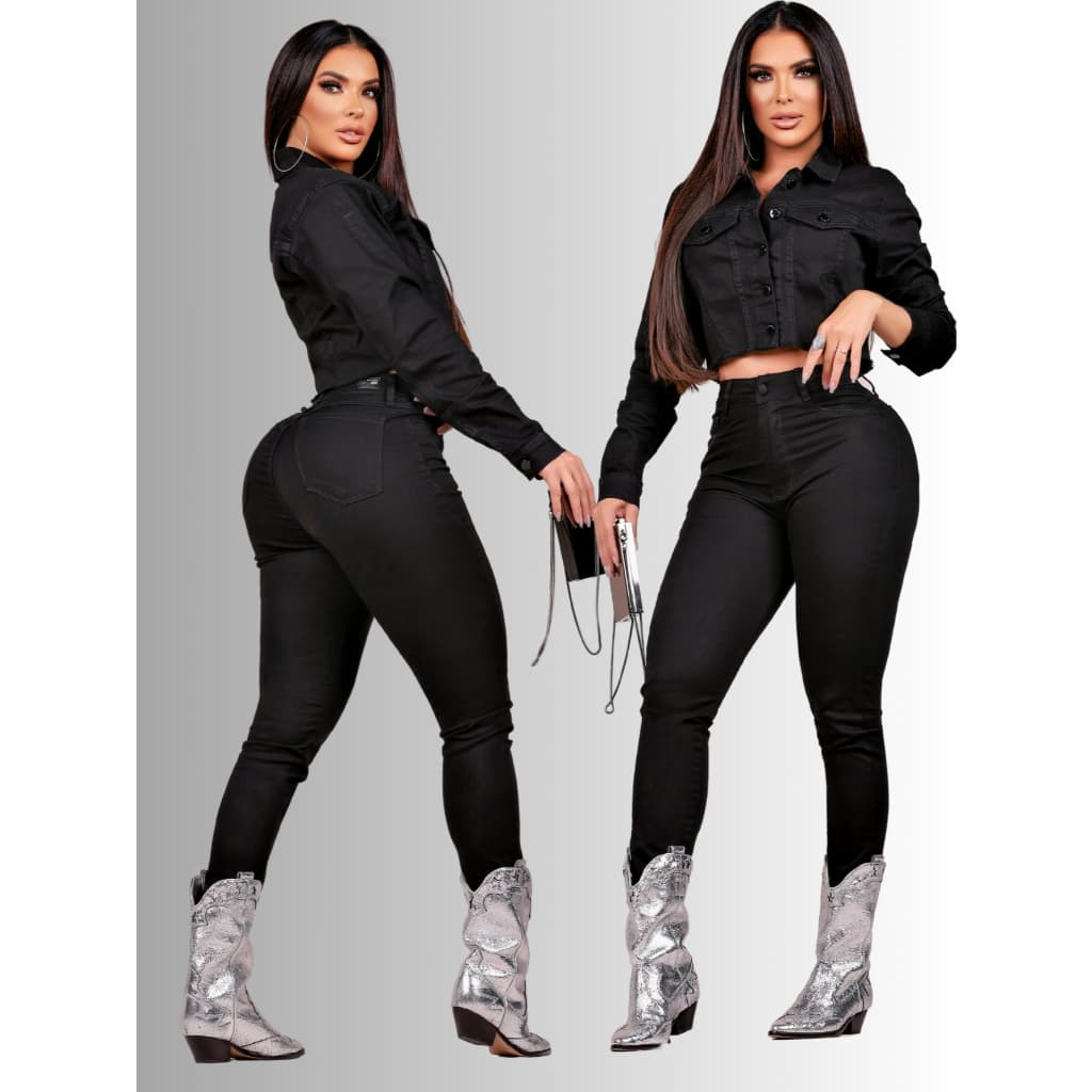 Calça Jeans Feminina Preta Com Lycra Cintura Alta Basica Modeladora