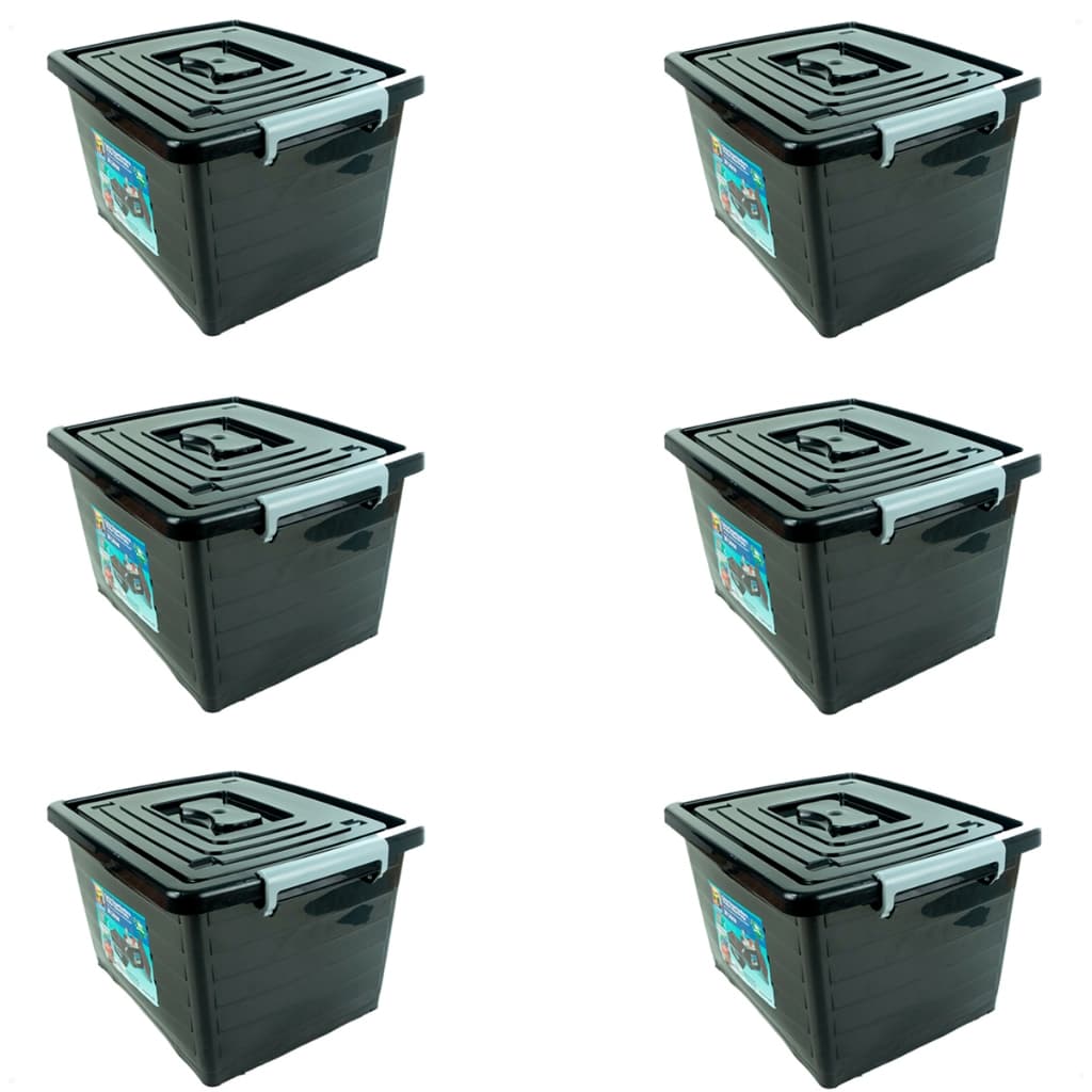 Kit 6 Caixas Organizadoras Multiuso Preta Com Tampa E Trava 30 Litros Para Ferramentas E Estoque