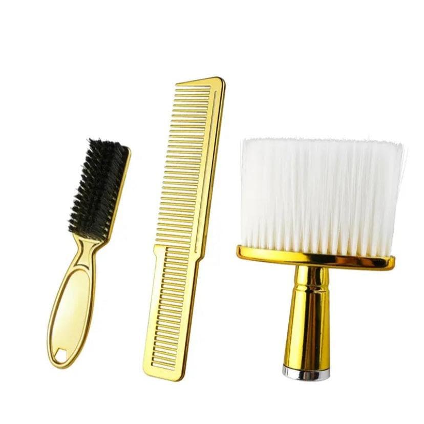Kit Espanador Macio Escovinha de Disfarce Pente de Corte Barbeiro Cabelereiro Profissional Dourado