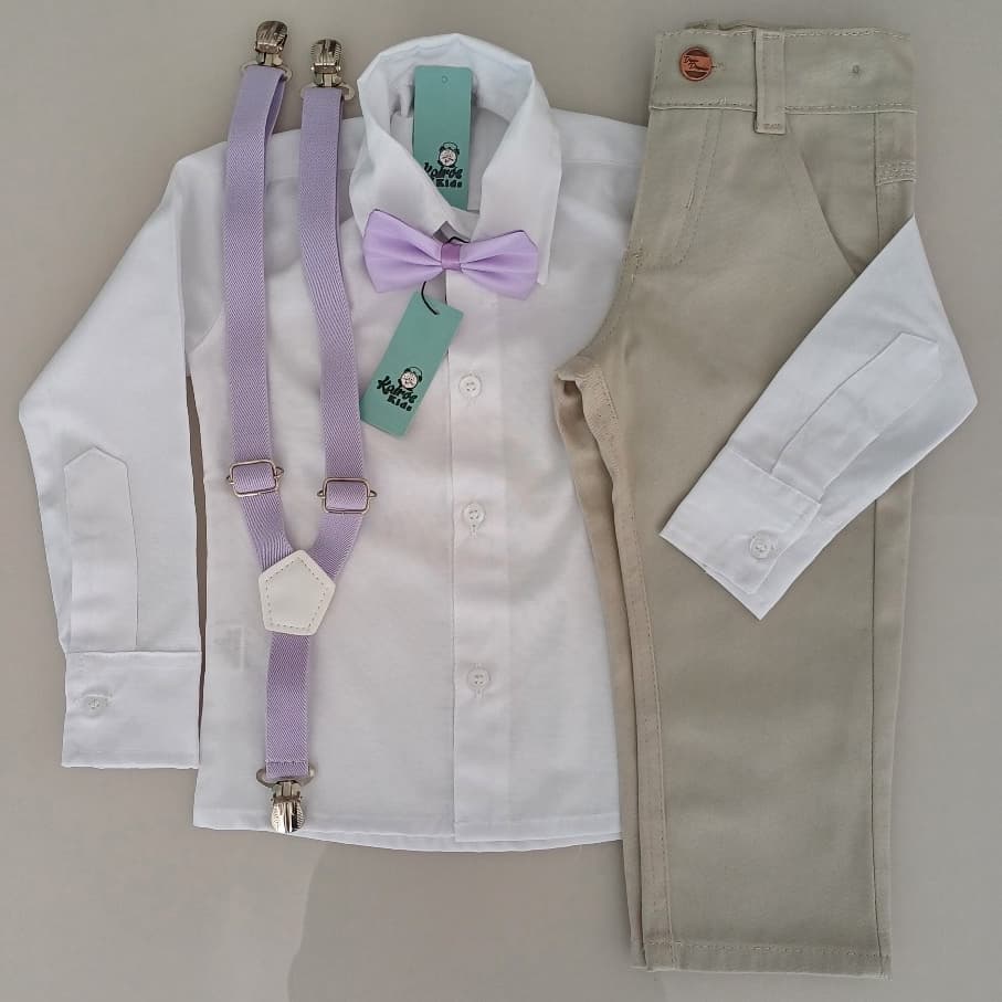 Conjunto Luxo Camisa Branca Calça  Cinza Clara e Calça Nude suspensório e gravata Lilás