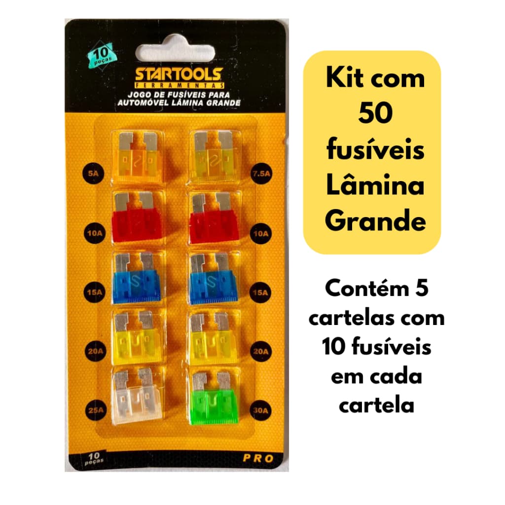 Kit Conjunto 50 Peças de Fusível para carro Lâmina Grande automotivo Fusiveis