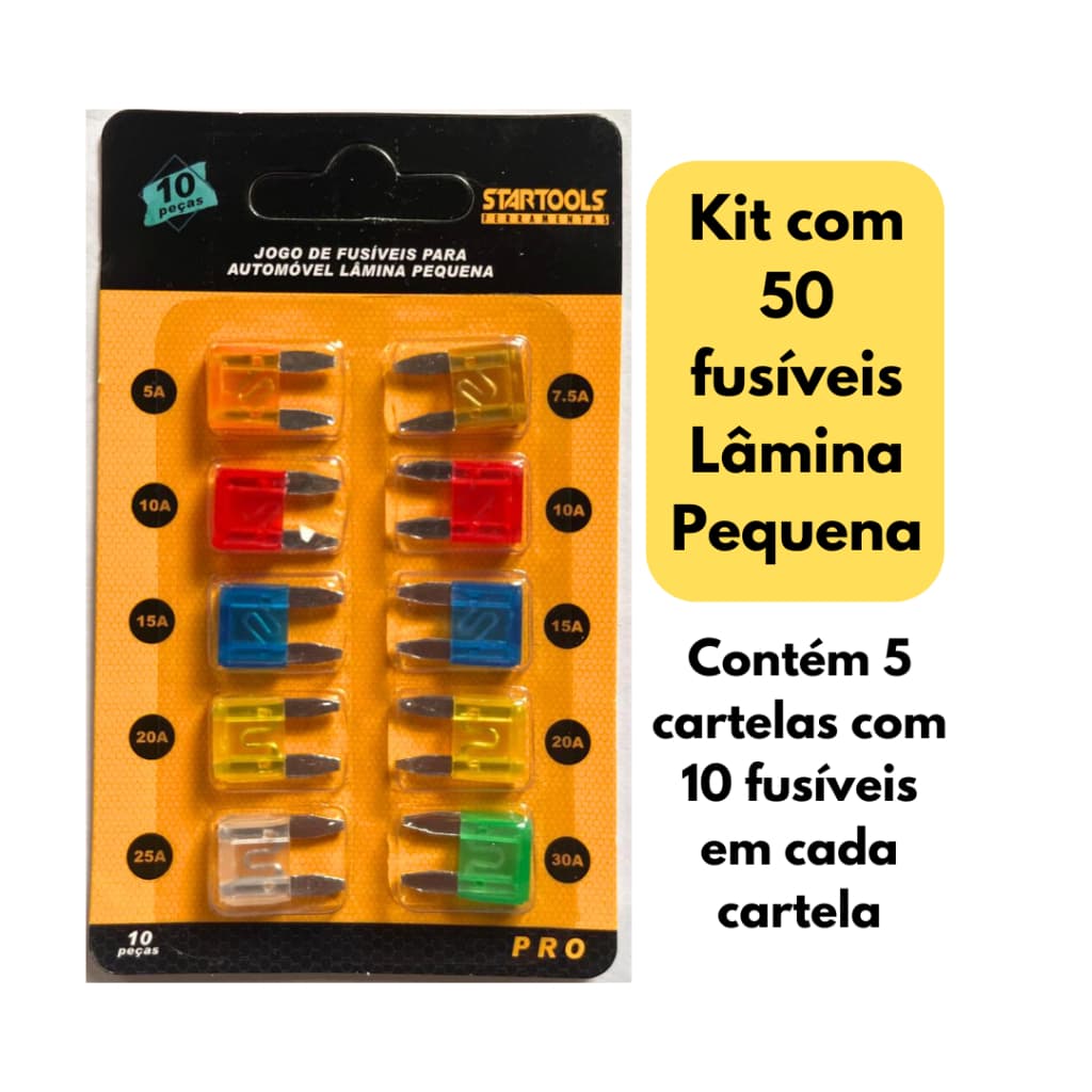 Kit de  Fusivel Conjunto Automotivo Pequeno Carro Lamina Mini 5 cartelas 50 peças