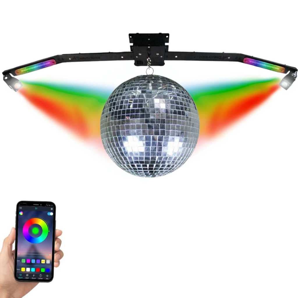 Kit Discoteca Deltrônica RGB Globo Espelhado 30cm 2 Canhões LED Strobo Festa Balada Eventos Bivolt