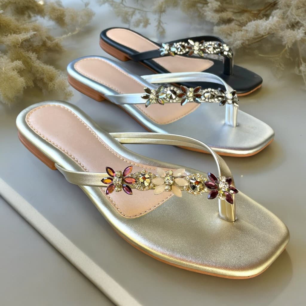 Rasteirinha Feminia Chinelo Quadrado Pedra Sandália Feminino Dourado Prata