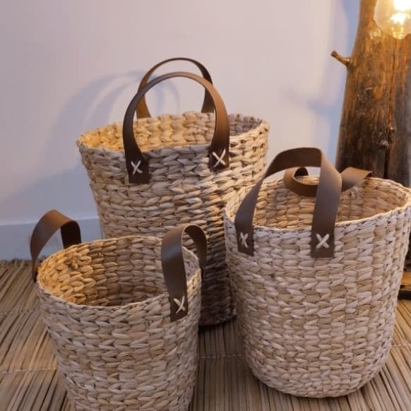Trio de Cestos de Taboa Artesanal com Alça |Kit Organizadores Naturais Sustentáveis