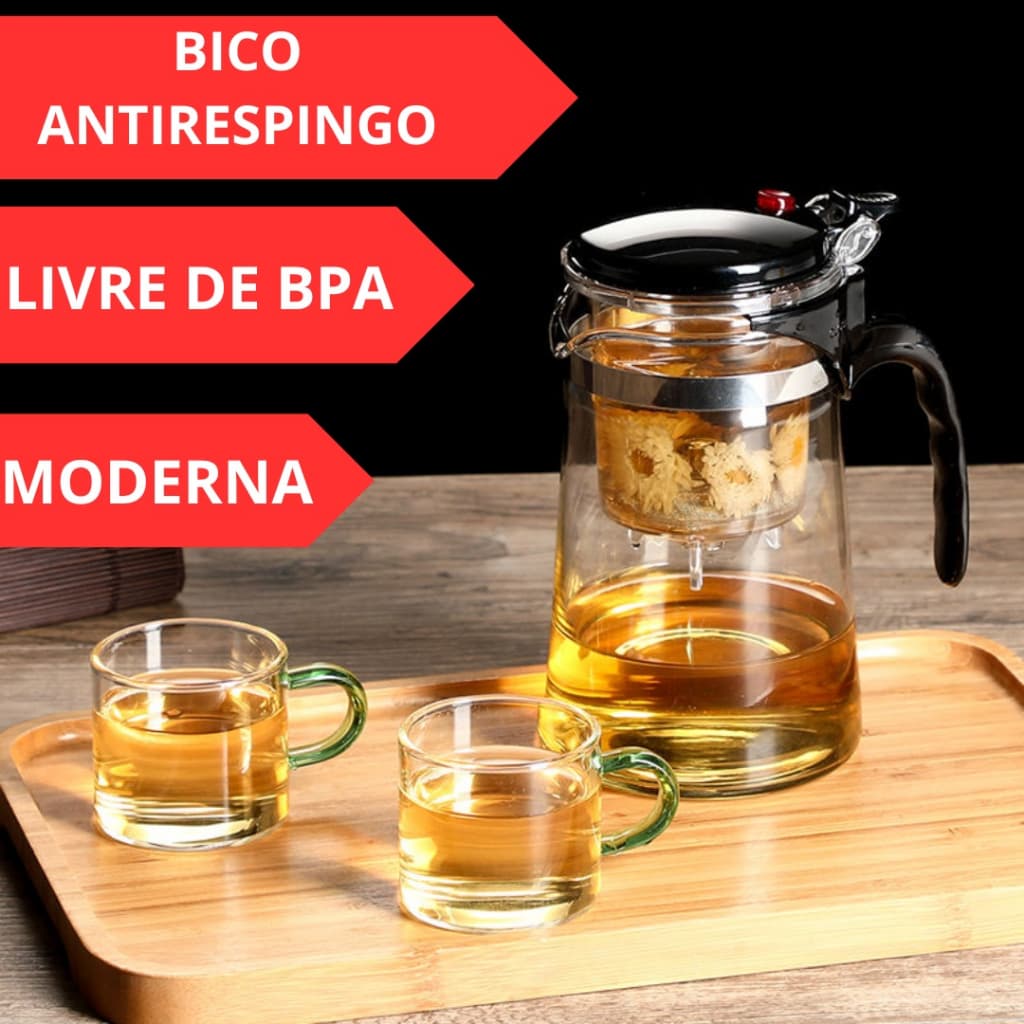 Chaleira  Jarra  Bule de vidro  com Infusor de chá 900ML  Aço  Inox