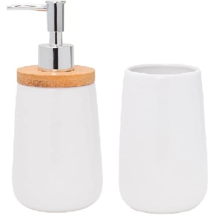Jogo Banheiro 2 Peças Porta Sabonete Líq. (380ml) e Porta Escova Cerâmica e Bambu Mimo Style BH20101