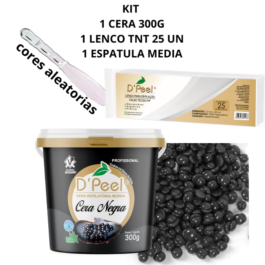 Kit Cera Quente Depilar Negra Dpeel 300g 1 LENCO TNT 25un 1Espátula Santa Clara (Cores Aleatórias)