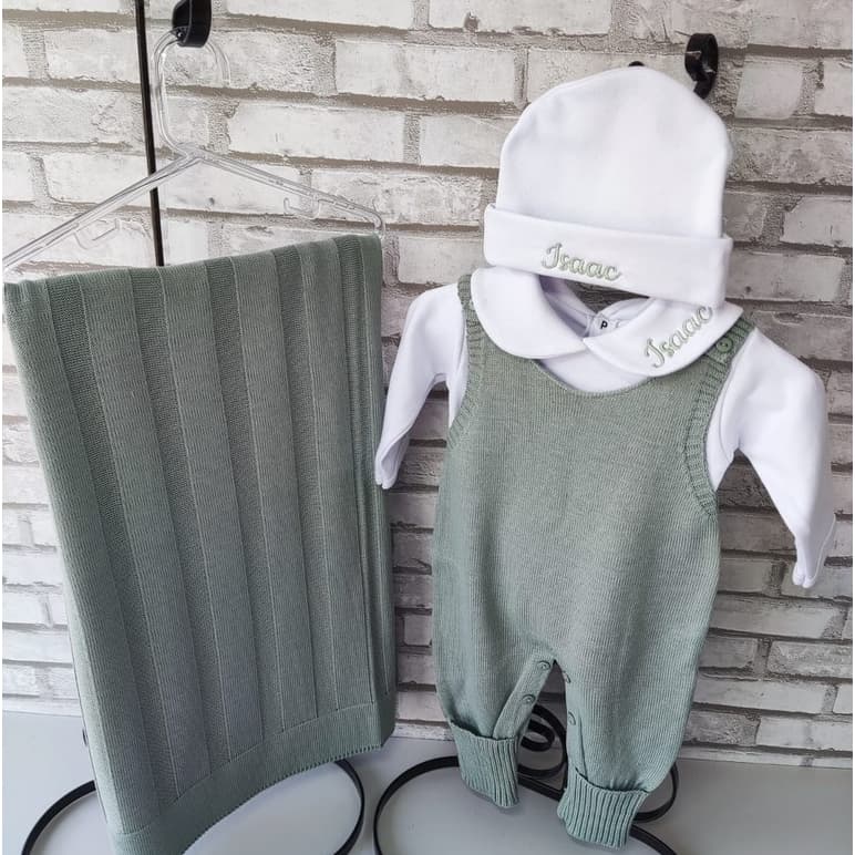 kit Saída maternidade  bebê  jardineira tricô  personalizada bebê 5 peças  menino menina