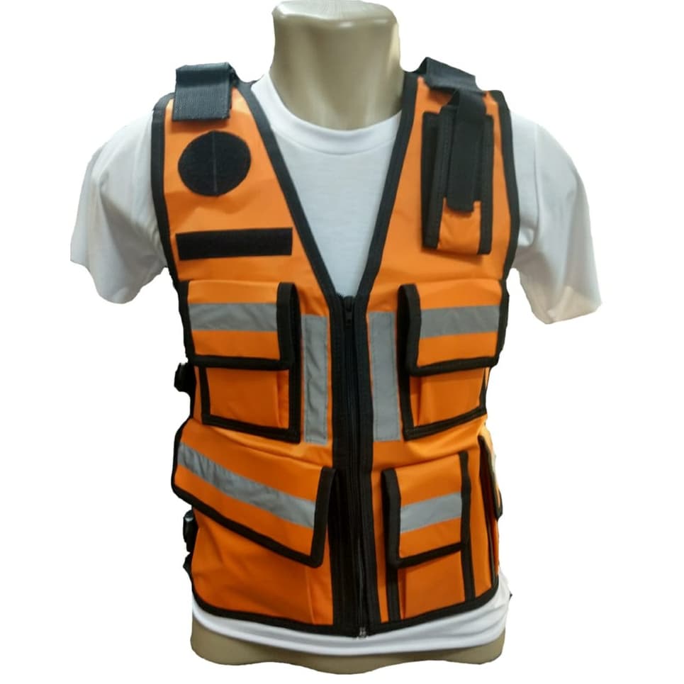 Colete Funcional R&Z Laranja Impermeável — 9 Bolsos, Porta HT e Refletivos | Socorrista/Defesa Civil