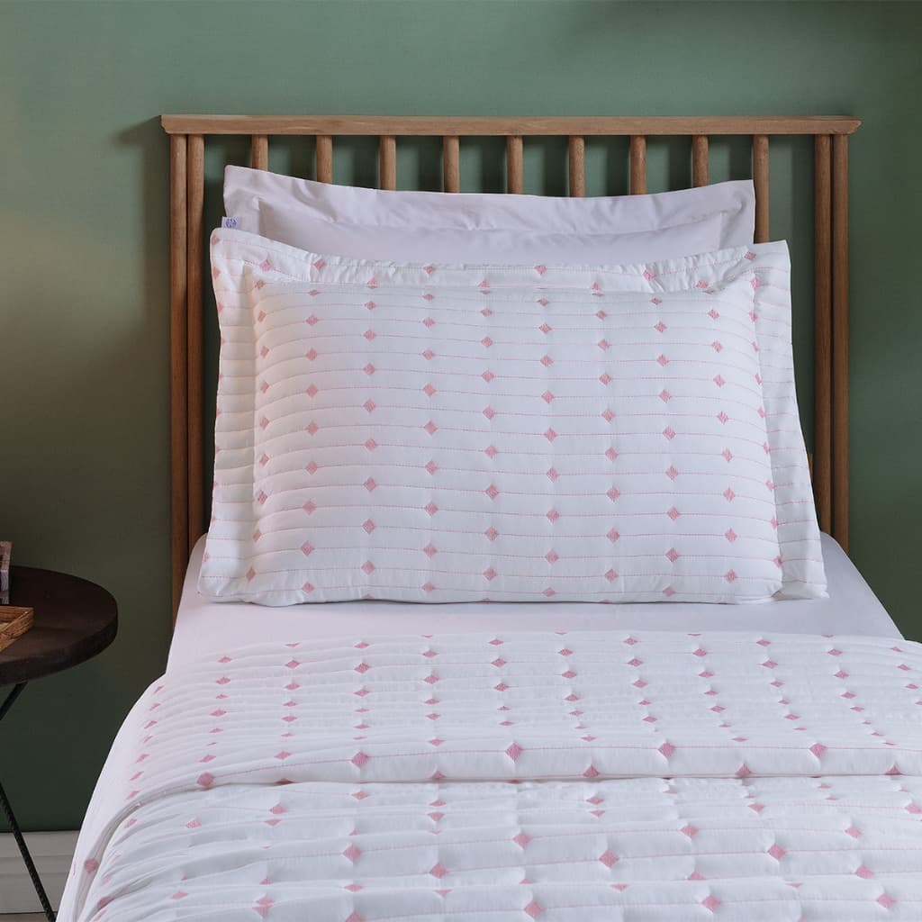 Cobre Leito Colcha Cama de Solteiro Dupla Face Percal 200 Fios Bordado Branco Com Rosa